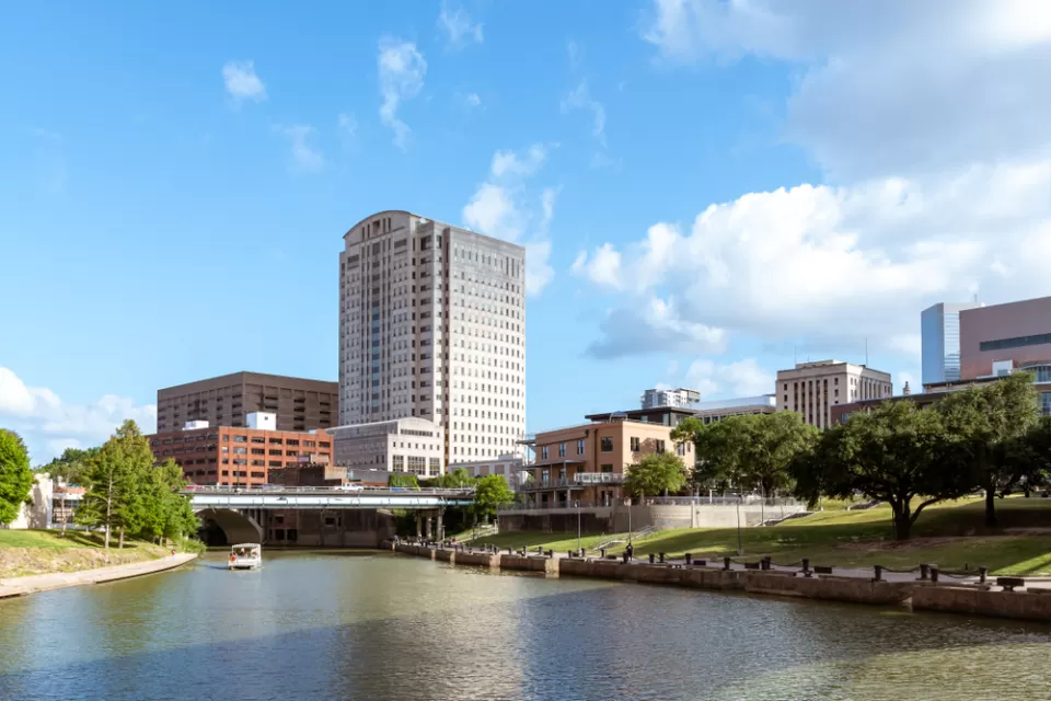 View of Houston buildings over White Oak Bayou